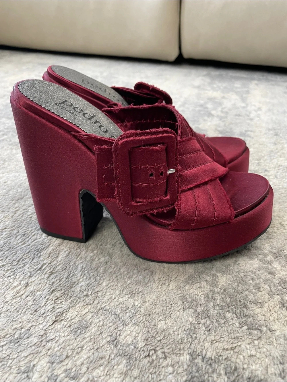 Pedro Garcia Tomasina Platform Sandal Mules Ruby Red Oxblood Satin Sz 36